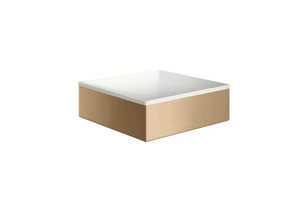 Aufsatzwaschtisch in quadratischer Form mit einer weißen Oberseite und einem gebürsteten Bronze-Finish von AXOR, ohne Hahnloch oder Überlauf.